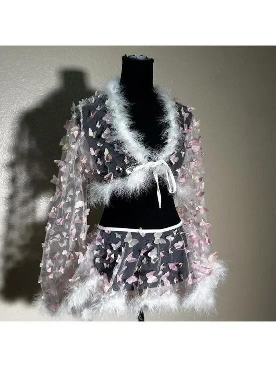 Fairycore Butterfly Mesh Set Coquette Angel Y2K Sheer Fur Trim Rave Festival - Picture 4 of 6